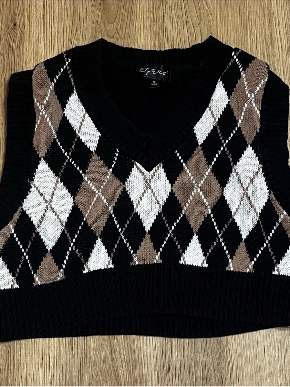 Say What? Argyle Knit Vest - Black, White & Brown Size Small